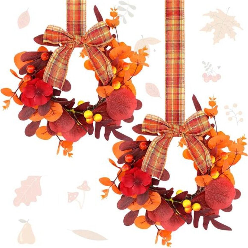 2 Pcs 9" Mini Fall Wreaths for Front Door Autumn Maple Leaf Wreath with Rustic